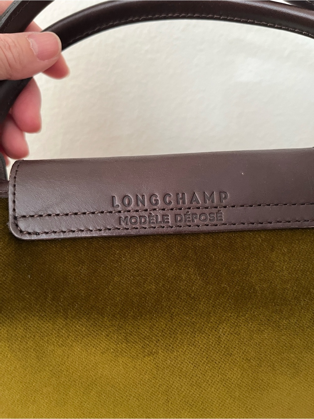 Longchamp Olive Velvet Tote with Dark Brown Leather Trim. Limited Edition. - Picture 6 of 11